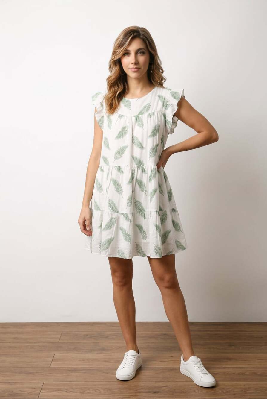 Versona Women's Green Palm Leaf Print Tiered Ruffle Sleeve Mini Dress